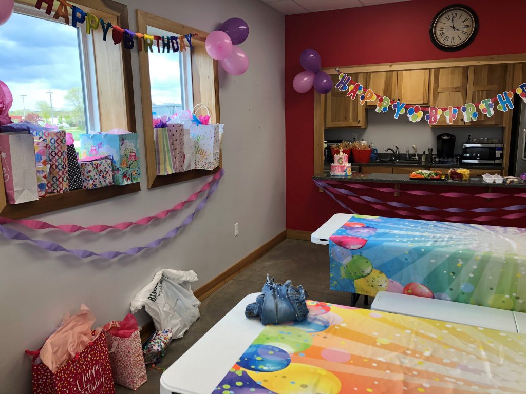 Party room decorated for a birthday