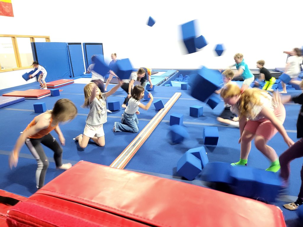 Children in gymnastics space at a ROGA birthday party