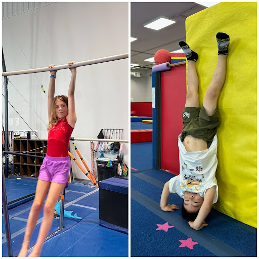 A girl on uneven bars and a boy practicing handstands at Camp ROGA summer camp.