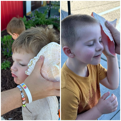 Campers using seashell telephones 