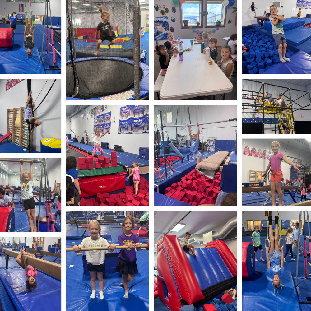 Camp ROGA campers practice gymnastics skills on bars, ropes, rings, balance beams, trampolines, foam pits, and obstacle courses during Beach Bash week.