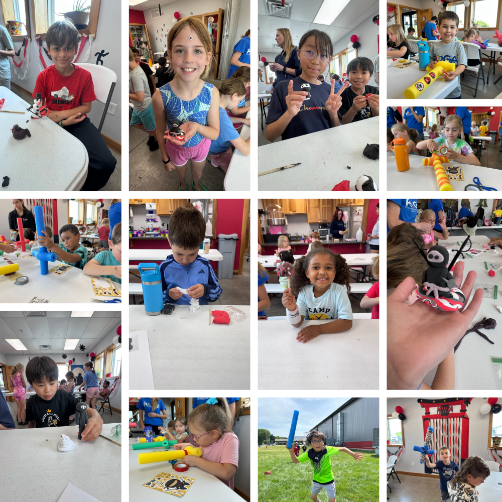 Campers build foam ninja swords and sculpt miniature clay ninjas during creative craft time at Camp ROGA.