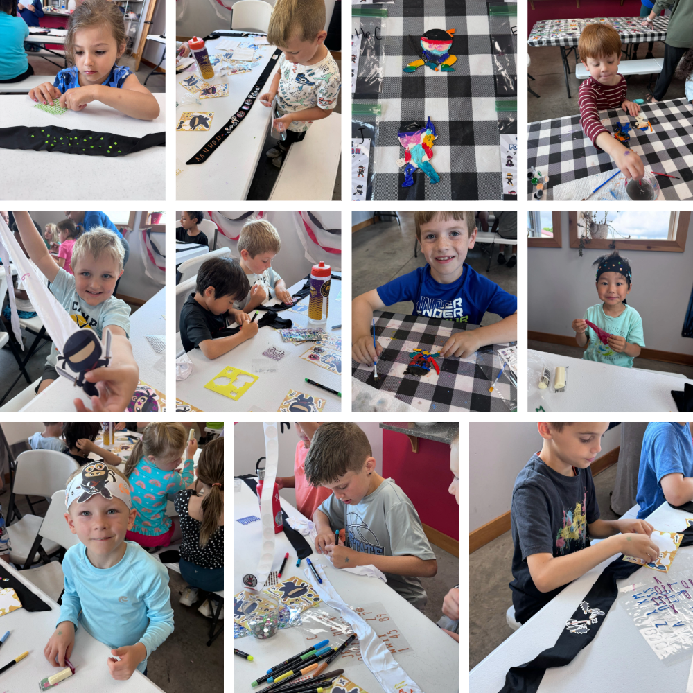 Campers decorate personalized ninja headbands with colorful stickers, gems, and drawings during arts and crafts.