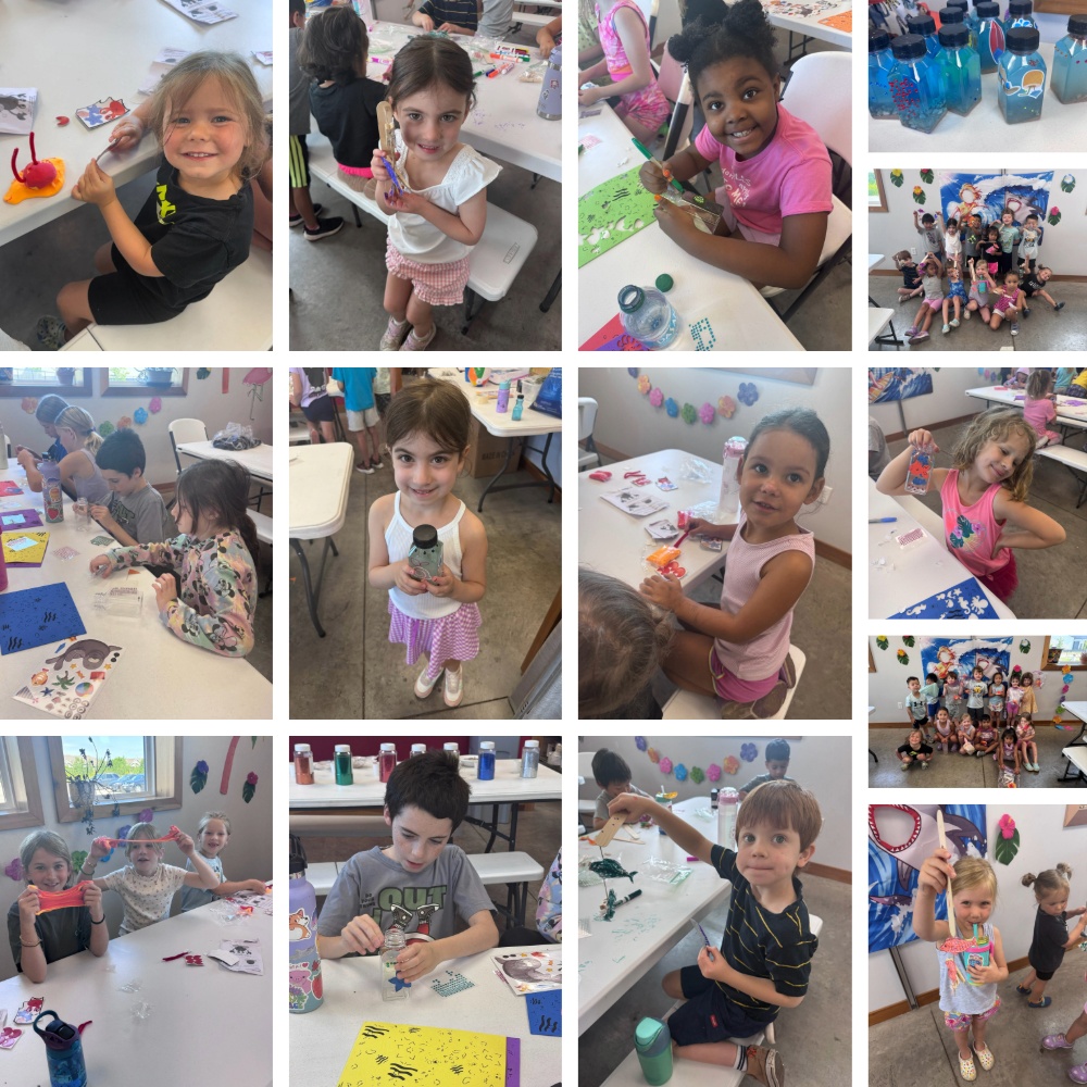 Camp ROGA campers create beach-themed crafts including sand art, fishing rods, clay crabs, and miniature aquariums during Beach Bash week.