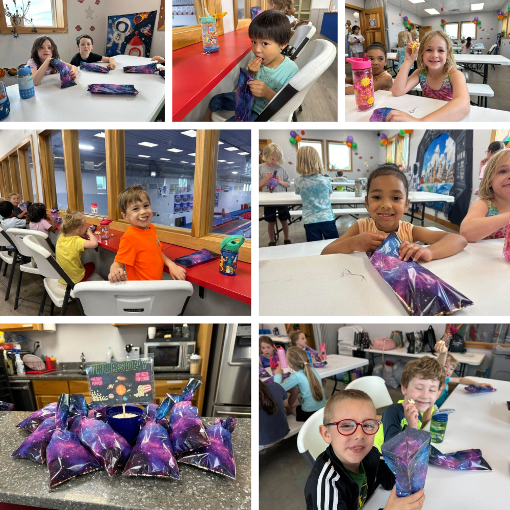 Campers enjoying galaxy-themed popcorn snacks served in colorful nebula bags during Camp ROGA's space-themed summer camp.