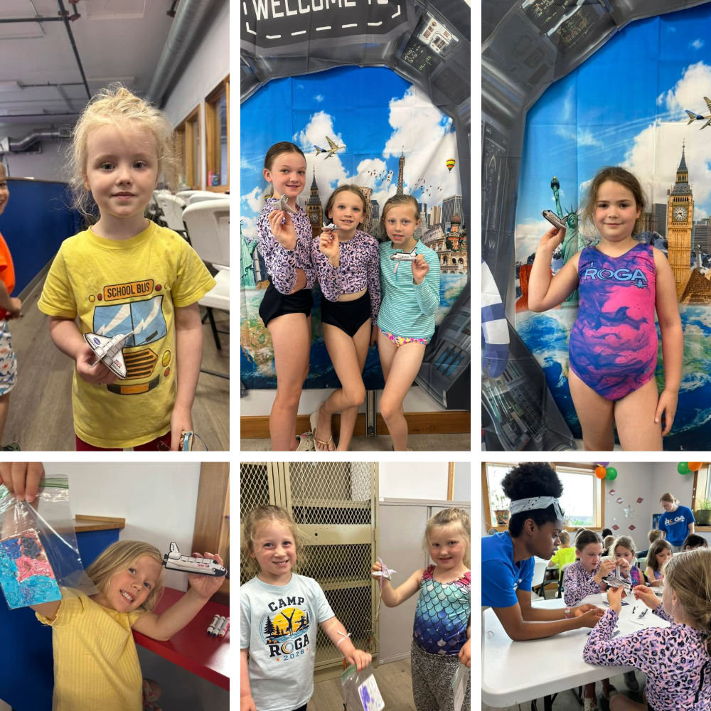 Children proudly displaying handmade NASA space shuttle crafts during Camp ROGA's space-themed gymnastics camp.