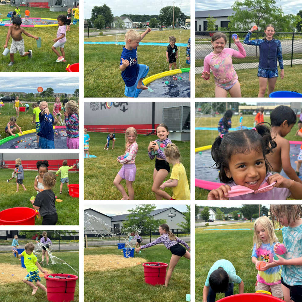 Campers playing water games, tossing water balloons, and cooling off during space-themed water day at Camp ROGA summer camp.