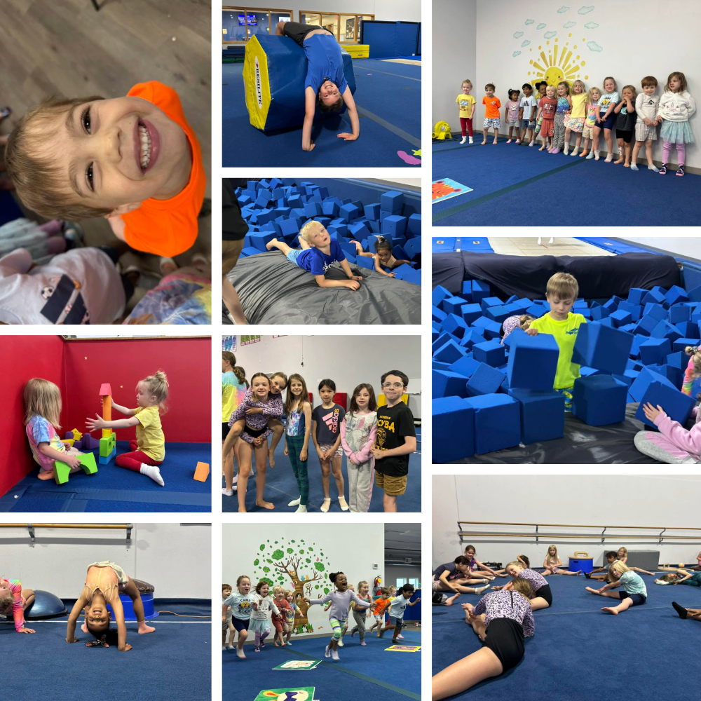 Children practicing gymnastics skills, foam pit activities, stretching, and team games during Camp ROGA's space-themed summer camp.