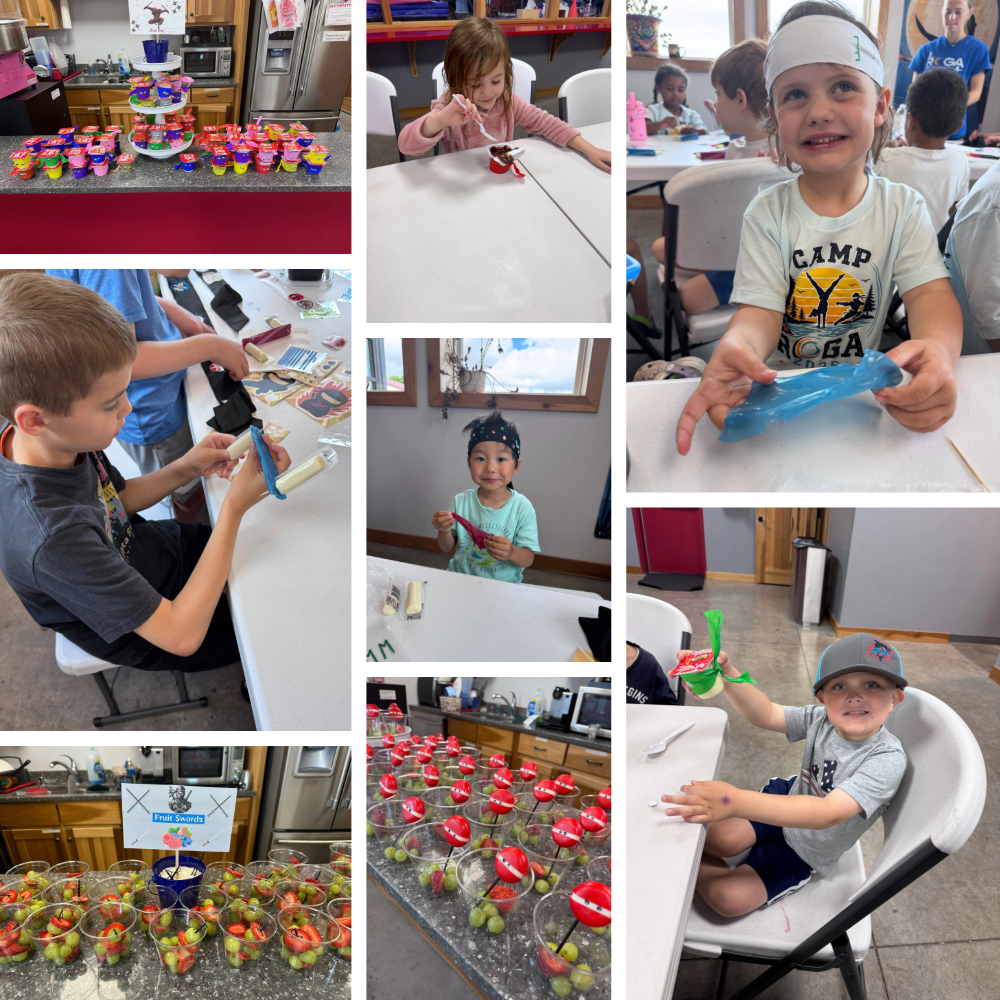 Campers create and enjoy ninja-themed snacks including fruit sword skewers, ninja pudding cups, Babybel cheese ninjas, and edible nunchucks.