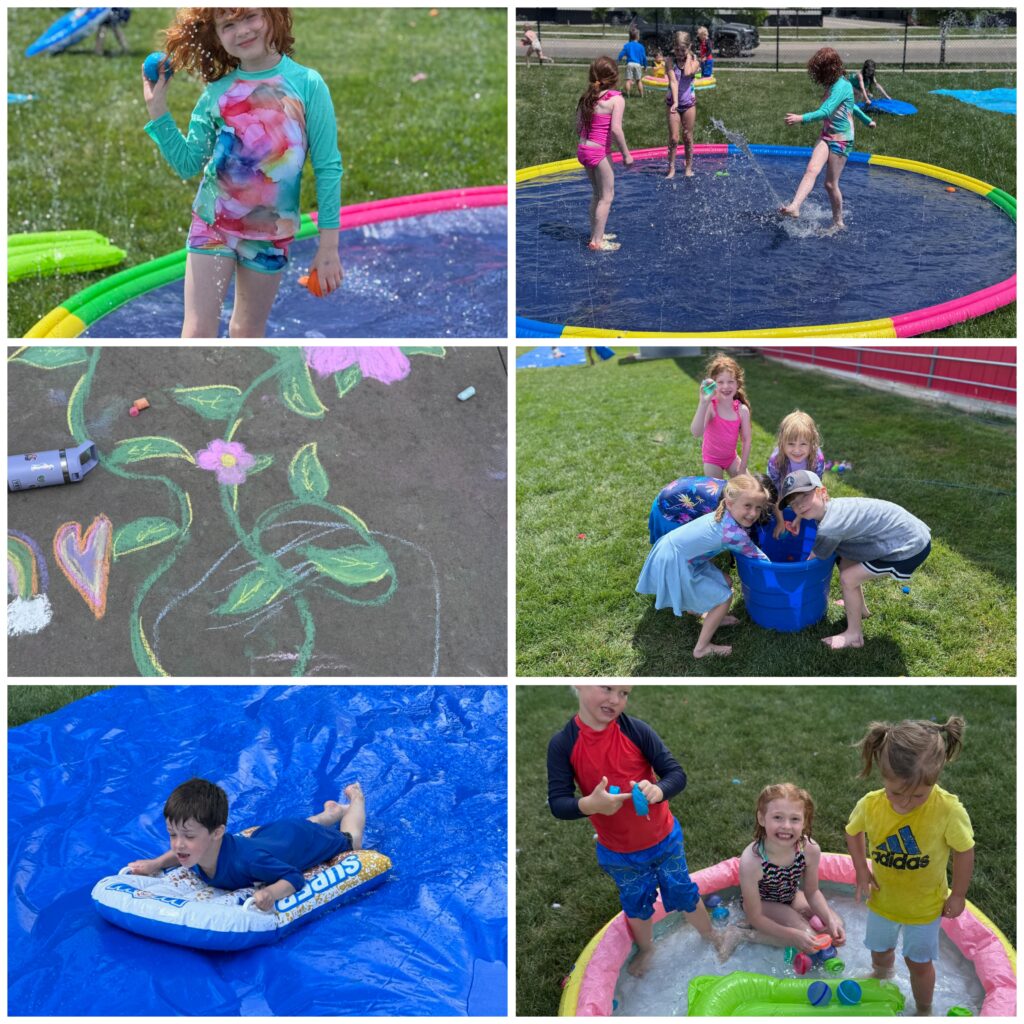 Camp ROGA campers cool off during Beach Bash Water Day with sprinklers, kiddie pools, water balloons, slip-and-slides, chalk art, and outdoor summer games.