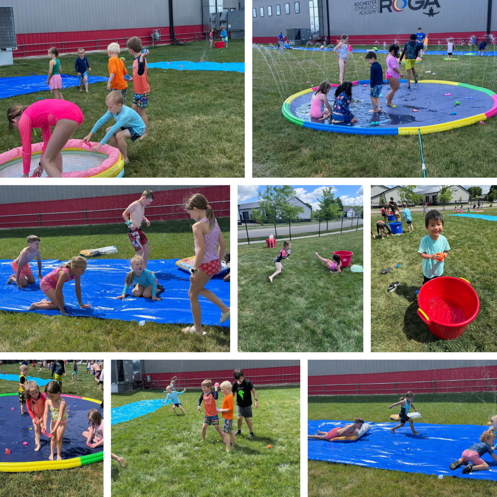Campers cool off during Ninja Water Day with splash pads, water balloons, slip-and-slides, sprinklers, and outdoor games.
