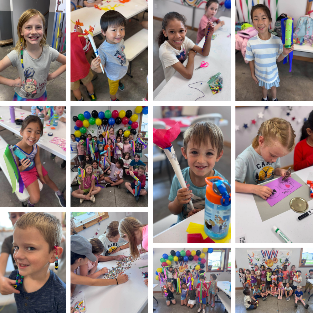 Campers create Olympic torches, construction paper medals, bead jewelry, and other themed crafts during ROGA Olympics week.