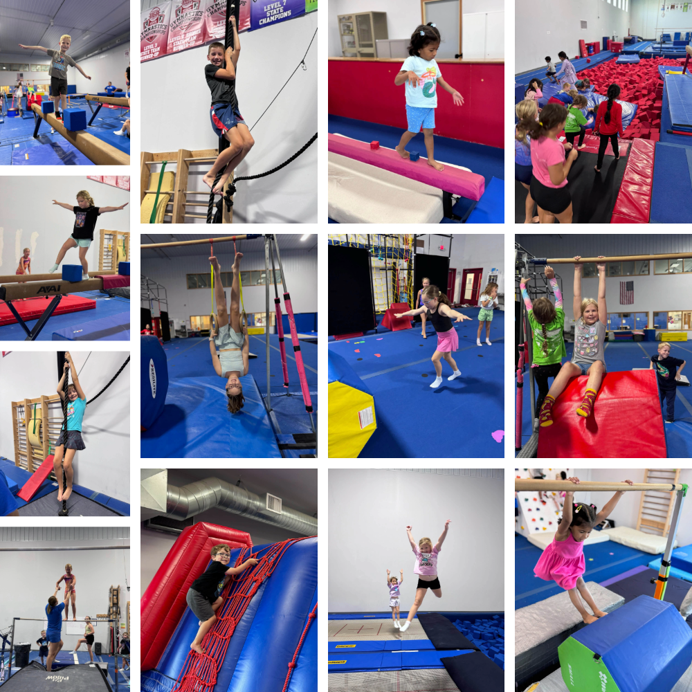 Camp ROGA campers complete Harry Potter-themed gymnastics activities on bars, beams, trampolines, rope climbs, obstacle courses, and foam pits.