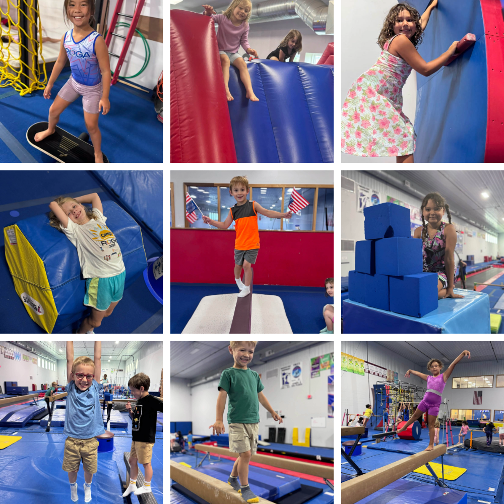 Campers balance, climb, swing, and practice gymnastics skills during Olympic-themed activities at Camp ROGA.