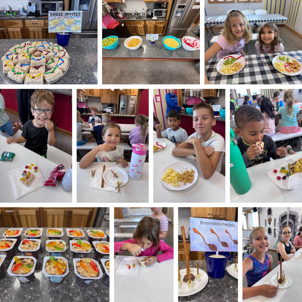 Harry Potter-themed snacks at Camp ROGA featuring broomstick pretzels, Hogwarts house treats, Rice Krispies bars, pudding cups, and campers enjoying snack time.