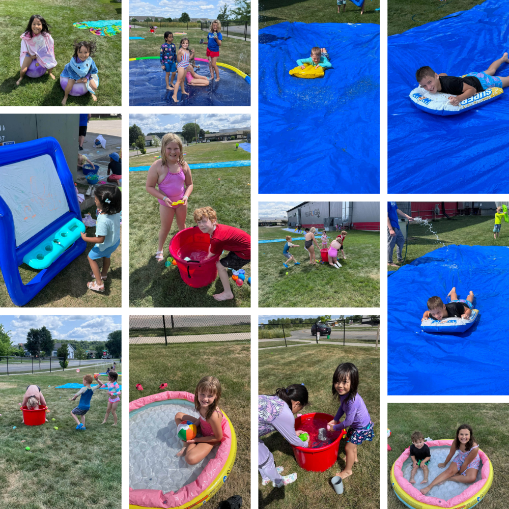 Camp ROGA campers enjoy Harry Potter-themed Water Day with slip-and-slide races, splash games, water balloons, kiddie pools, and outdoor activities.