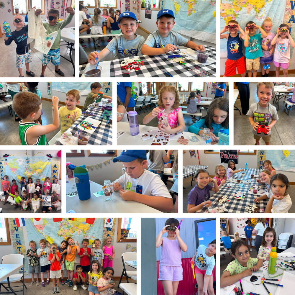 Camp ROGA campers create pirate ships, binoculars, treasure sacks, mini aquariums, and other pirate-themed crafts during Pirate Treasure Quest week.