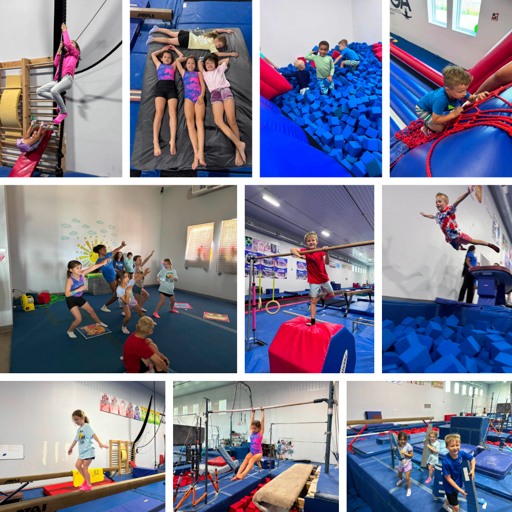 Camp ROGA campers climb ropes, swing on bars, balance on beams, jump into the foam pit, and complete pirate-themed gymnastics challenges.