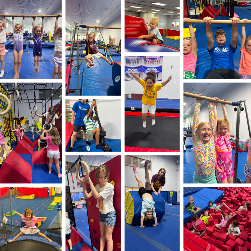 Camp ROGA campers practice gymnastics skills on bars, rings, beams, trampolines, and in the foam pit during Superhero Week.