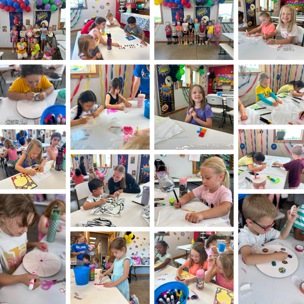 Camp ROGA campers create superhero masks, shields, picture frames, and kites during Superhero Week arts and crafts.