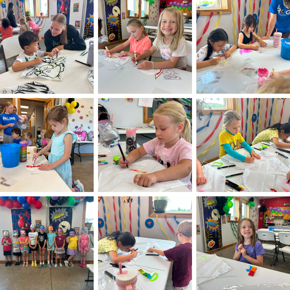 Camp ROGA campers decorate superhero-themed snacks, including Captain America fruit shields and superhero rice crispy treats, during Superhero Week.