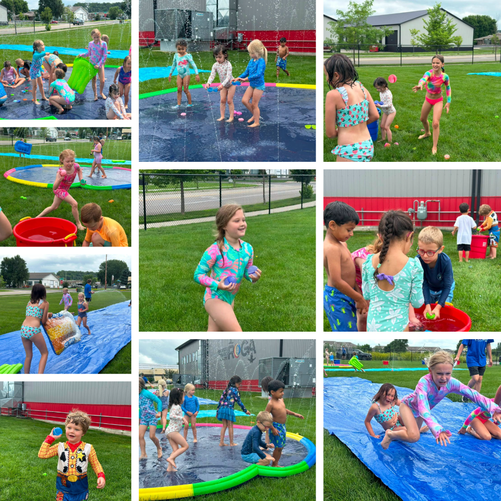 Camp ROGA campers cool off during Superhero Week Water Day with sprinklers, slip-and-slides, water balloons, and splash games inspired by Aquaman.