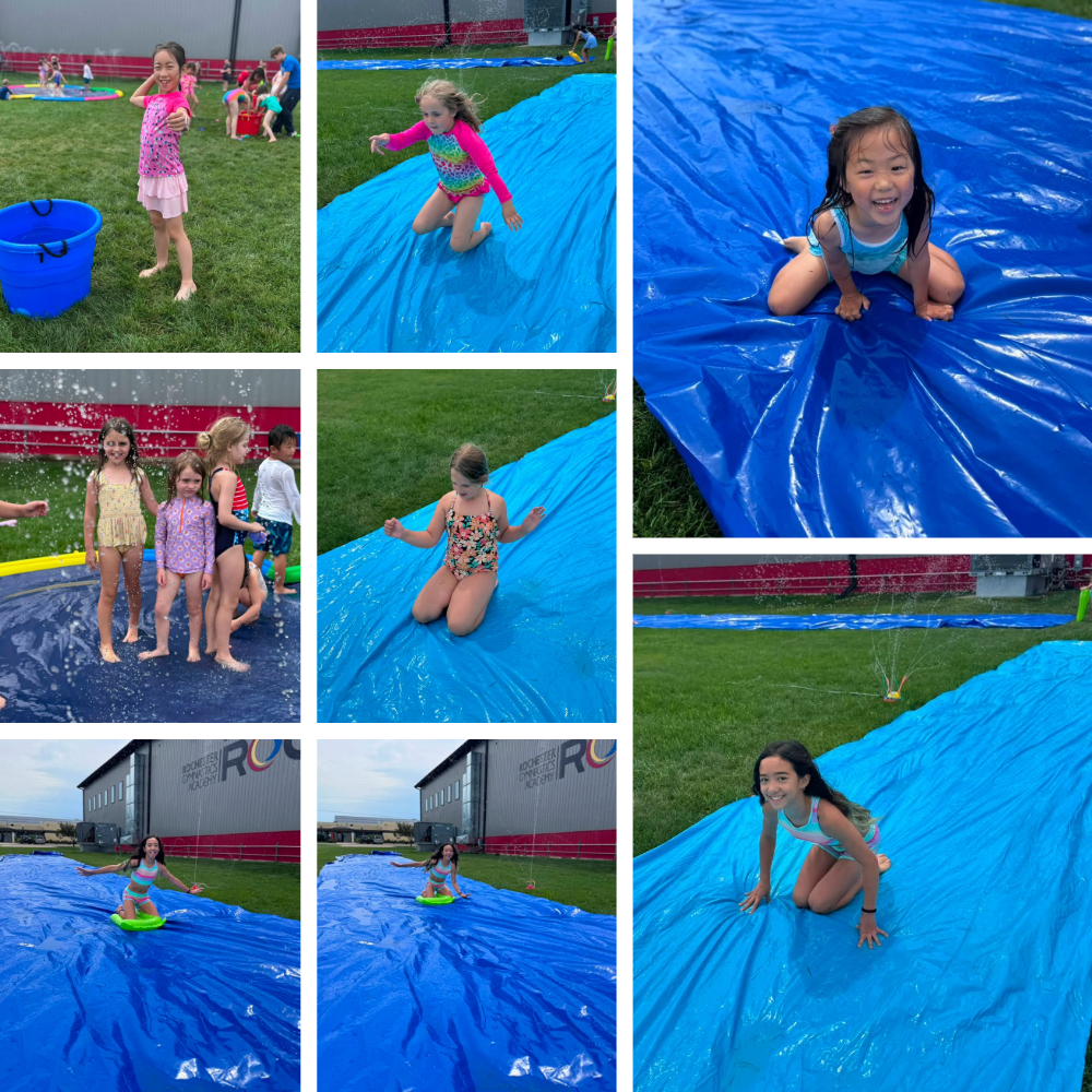 Campers enjoy Olympic-inspired Water Day with slip-and-slides, sprinklers, and splash-filled summer games at Camp ROGA.